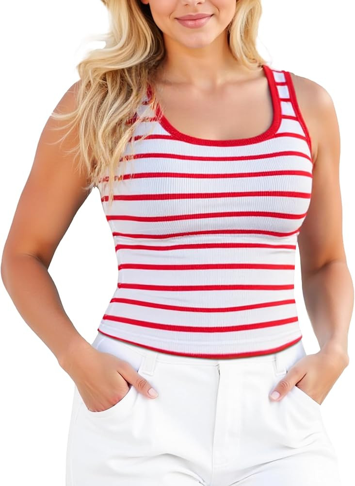 Womens Striped Shirt Sleeveless Square Neck Ribbed Tank Tops Cropped Slim Fit Stripes Tshirt Crop... | Amazon (US)