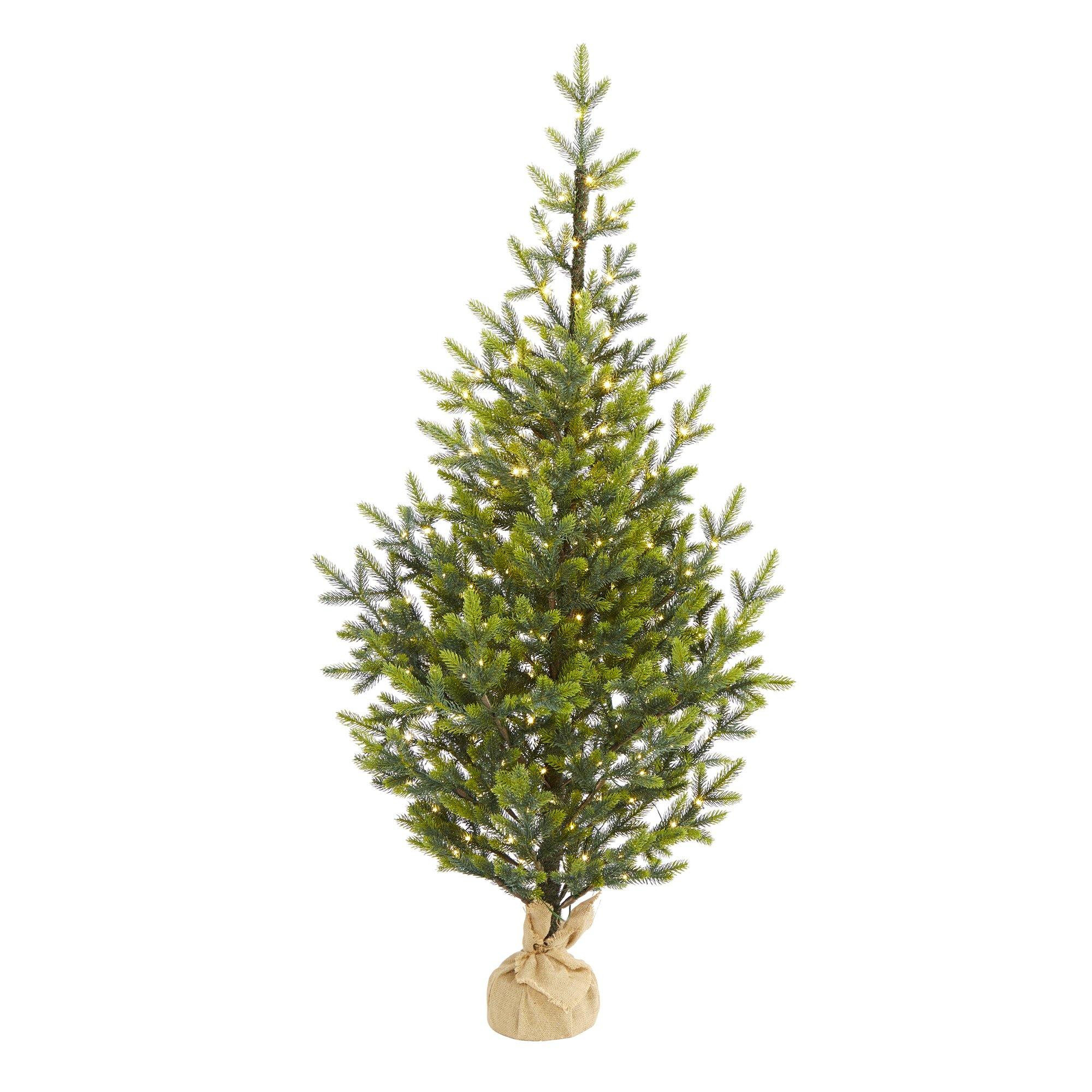 5’ Fraser Fir “Natural Look” Artificial Christmas Tree with 200 Clear LED Lights, a Burlap ... | Nearly Natural