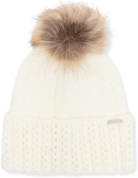 STEVE MADDEN Women's Pointelle Knit Cuff Beanie with POM, Ivory | Amazon (US)