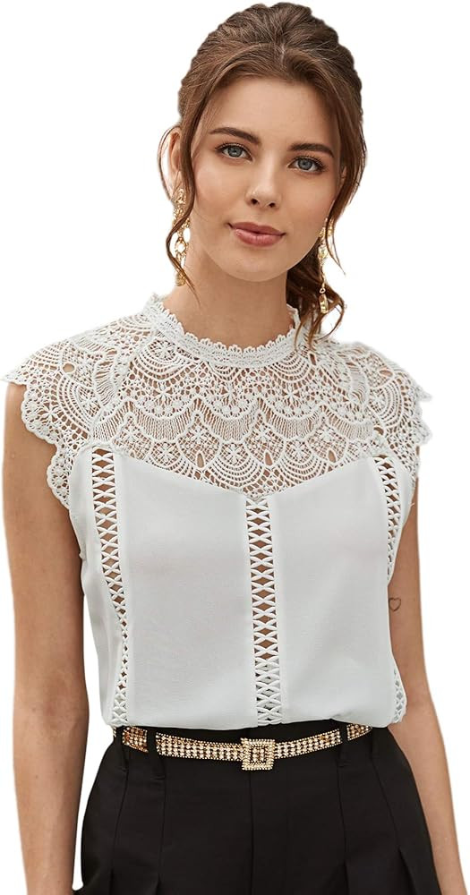 SheIn Women's Elegant Cap Sleeve Keyhole Contrast Lace Blouses Tops | Amazon (US)