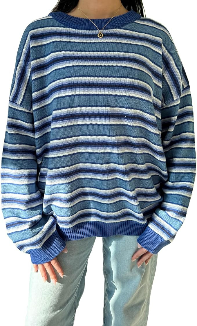 Long Sleeve Oversized Sweatshirt For Women Stripe Casual Loose Knit Sweater Crewneck Pullovers Y2... | Amazon (US)