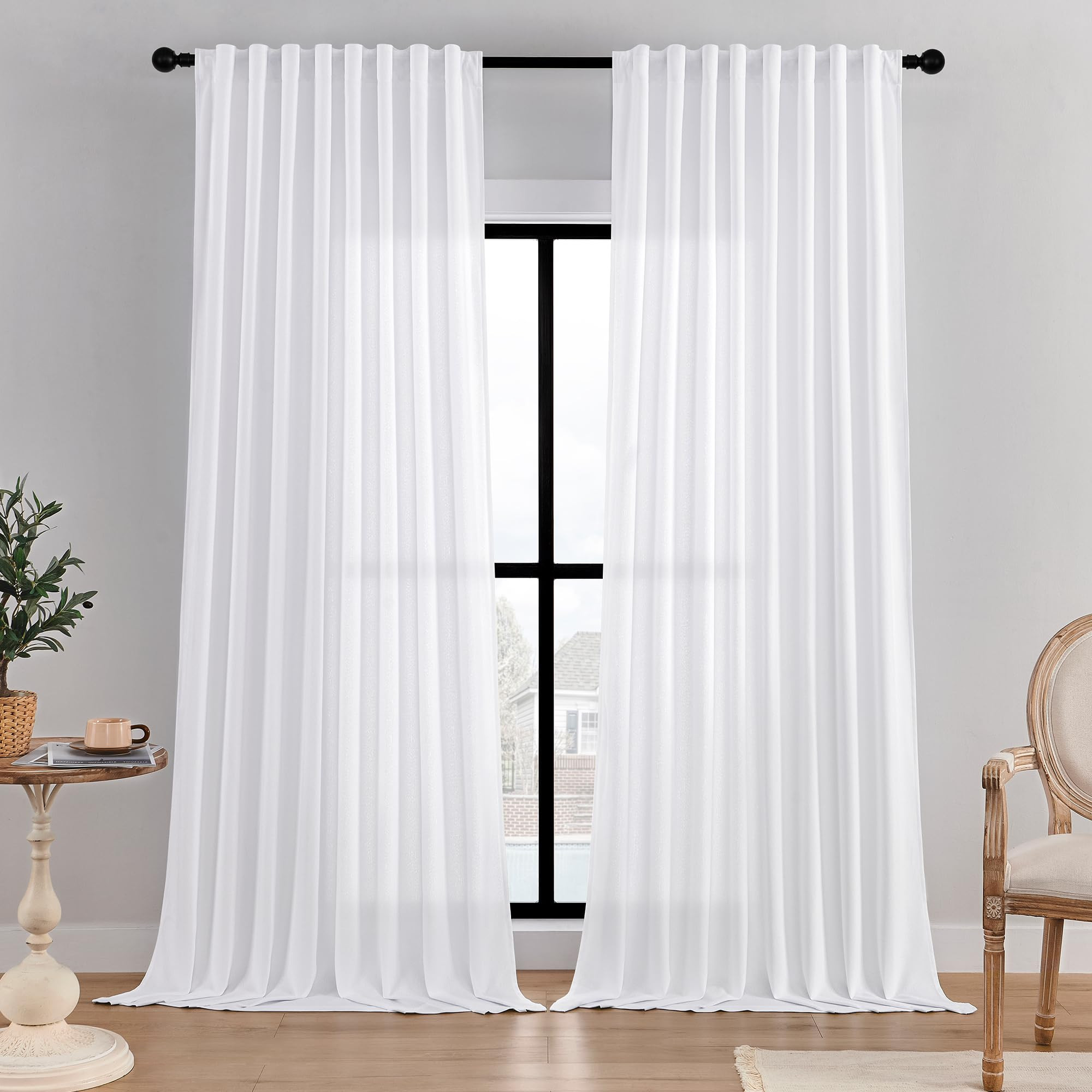 DaysU White Linen Curtains 108 Inches Long for Living Room 2 Panels Farmhouse Boho Privacy Light Filtering Semi Sheer Curtain Drapes for Bedroom Rod Pocket Hook Belt White Curtains 108 Inch Length | Amazon (US)