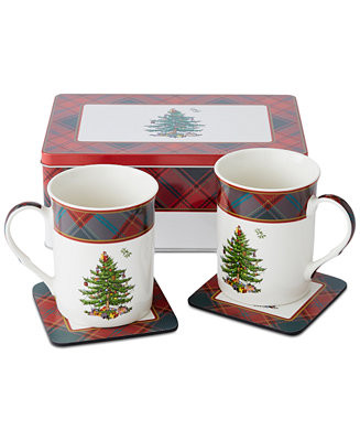 Christmas Tree Tartan 5-Piece Mug & Tin Coaster Set | Macy's