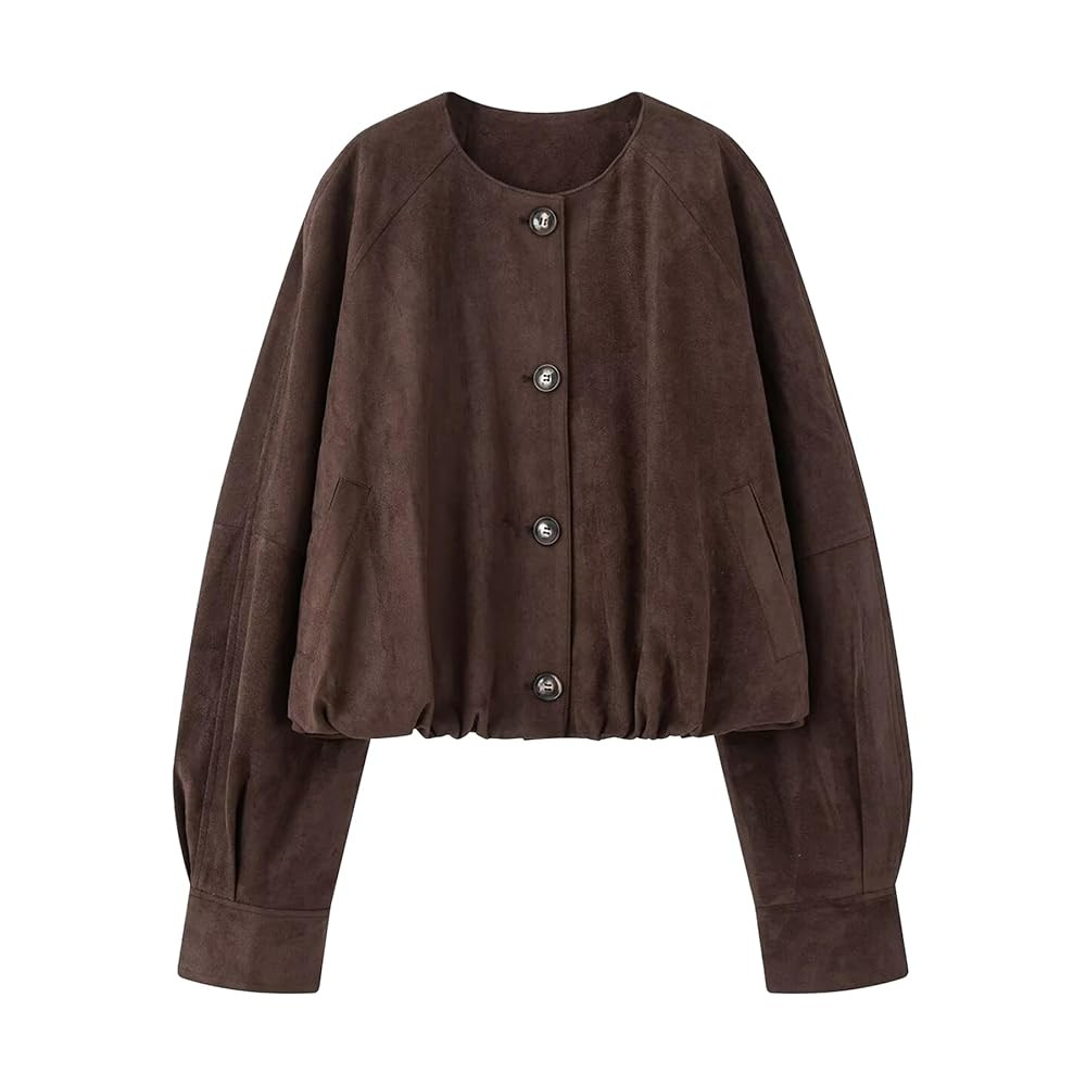 Ainangua Women's Faux Suede Button Bomber Jacket Oversized Gathered Hem Short Coat Casual Cropped... | Amazon (US)