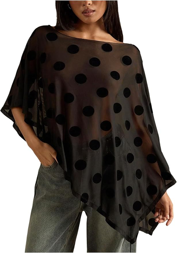 Verdusa Women's Asymmetrical Poncho Polka Dots Chiffon Shawl Off The Shoulder Going Out Tops | Amazon (US)