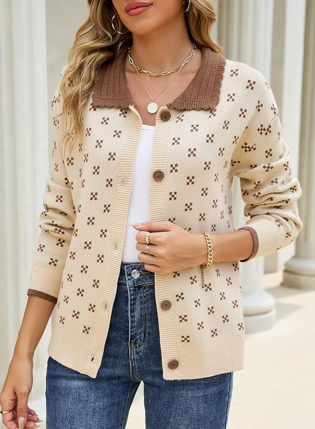Sidefeel Womens Button Up Collared Knit Cardigan Sweaters | Cropped Cardigan,Color Block Collar,L... | Amazon (US)