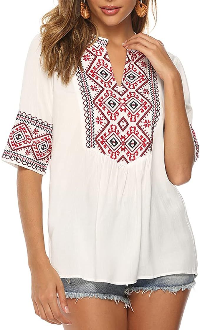 AK Women's Summer V Neck Boho Embroidered Mexican Shirts Short Sleeve Casual Tops Blouse | Amazon (US)