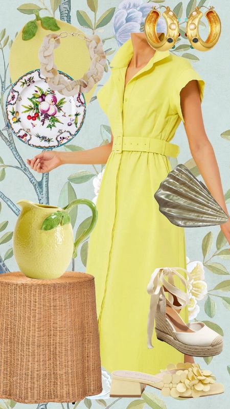 Citrine LOVE!!!! Love this beautiful dress from Tuckernuck! Rounded up the cutest accessories too! If you need a side table, this scalloped wicker one is amazing! #springdresses #dresses #lemon #yellow #espadrilles 