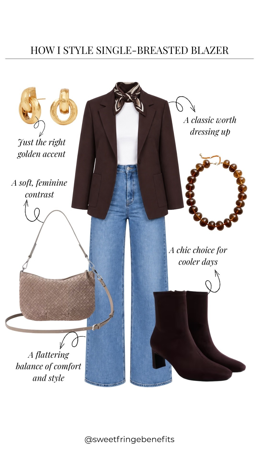 I think a brown blazer is such a nice alternative to black, especially this time of year. Add wide-leg jeans, a little scarf at the neck, and you're ready for just about anything!