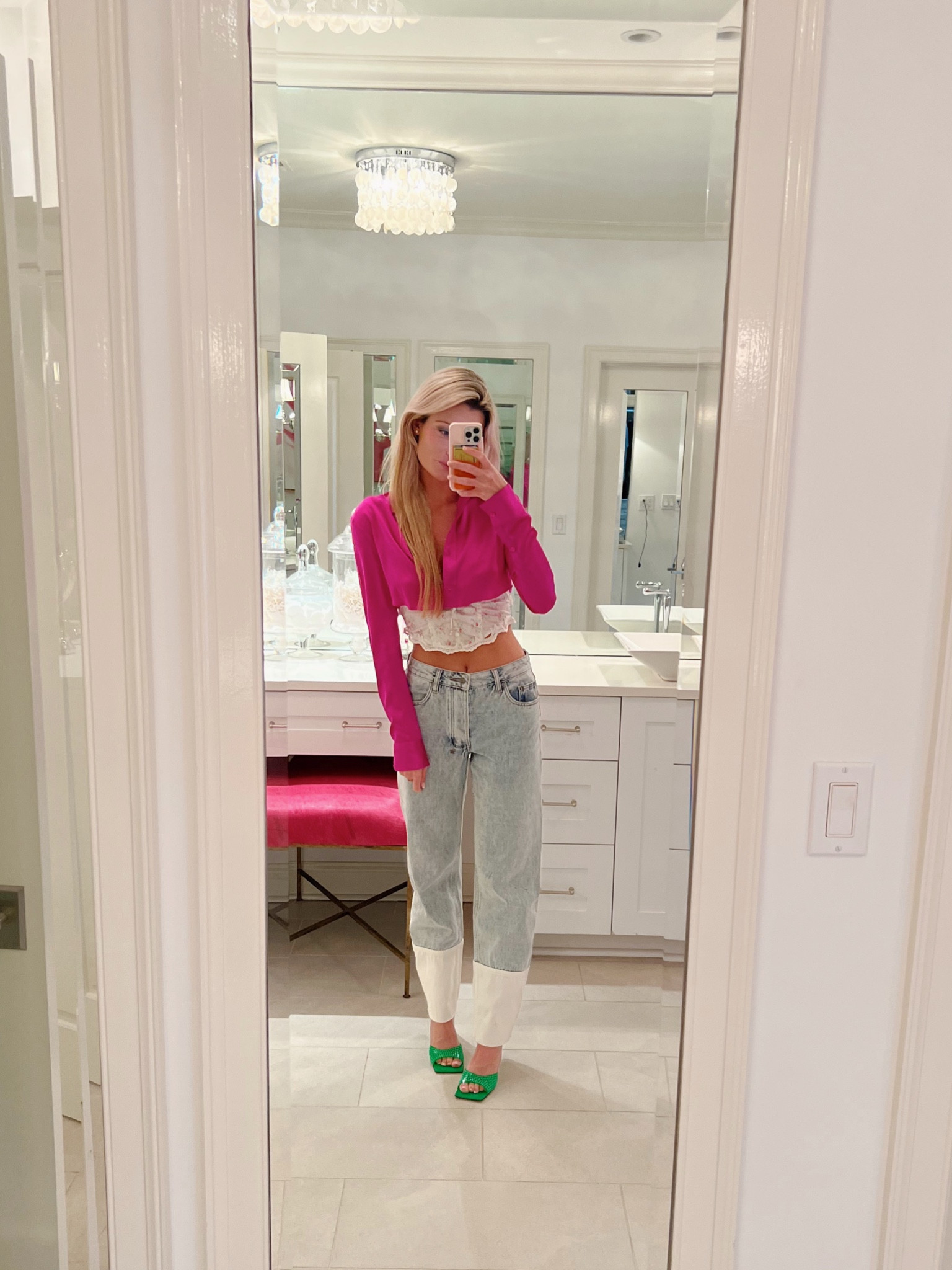 Backgrounde NYC pink silk top, Ksubi jeans, Mach & Mach crystal embellished star heal mules