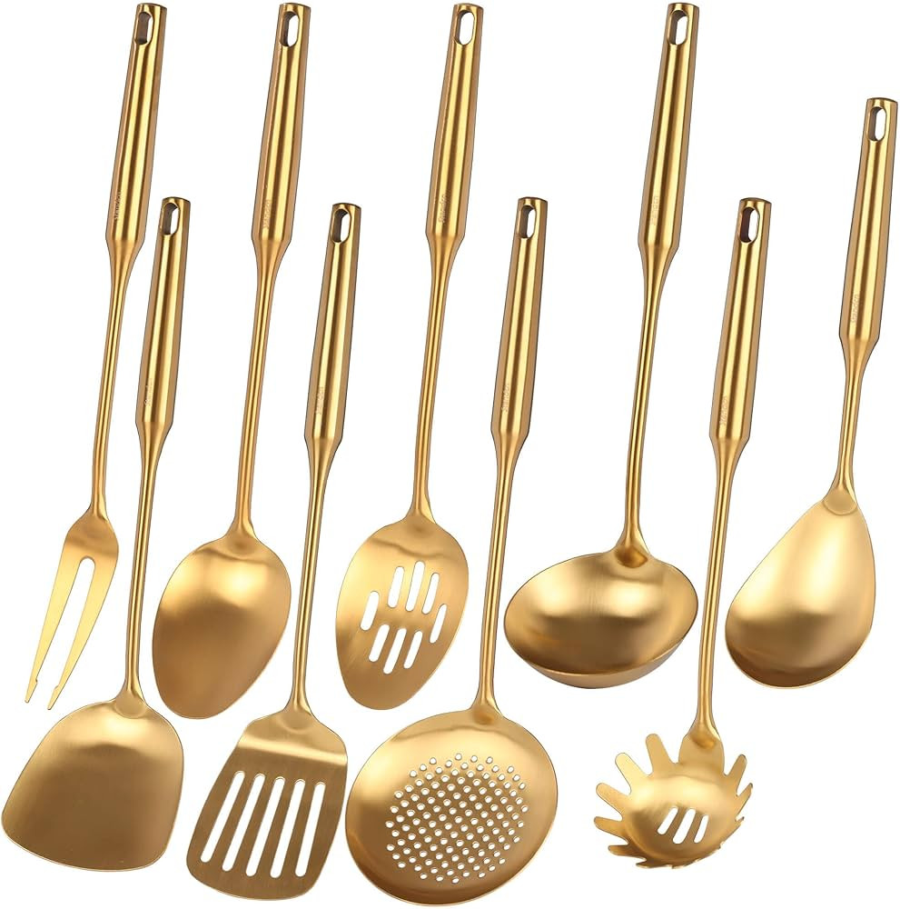 Gold Kitchen Utensils Set - 18/10 Stainless Steel Cooking Tools, 15" All Metal Serving Utensils w... | Amazon (US)