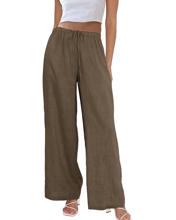 Duyang Womens Cotton Linen Palazzo Pants Drawstring Elastic Waist Casual Wide Leg Trousers with P... | Amazon (US)