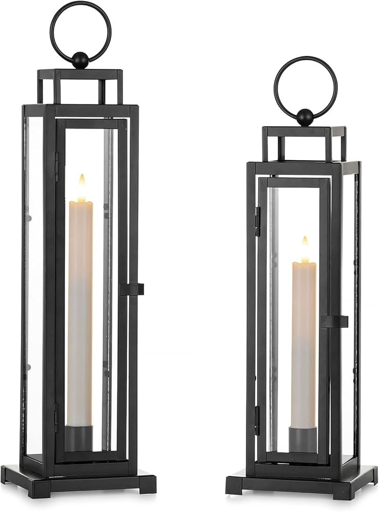 Black Lanterns Decorative Indoor Set of 2 : 13" & 15" Glass Outdoor Lantern Candle Holder with LE... | Amazon (US)