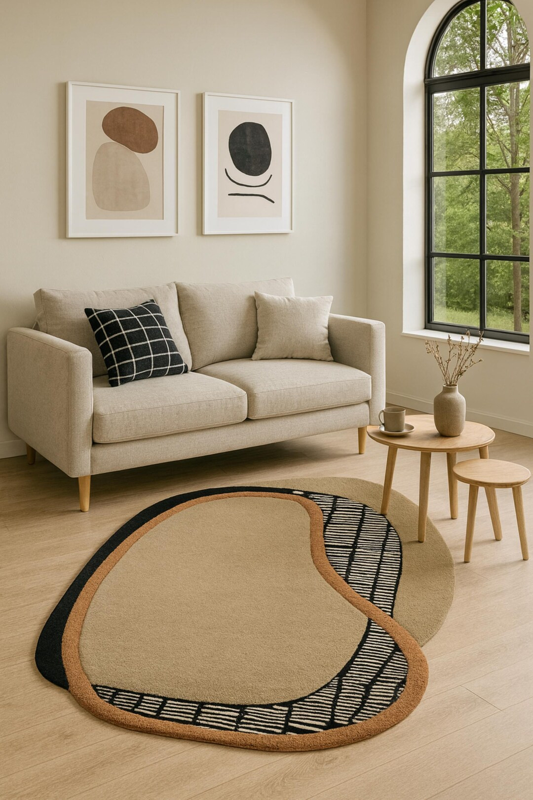 Layered Abstract Rug, Hand-tufted Organic Shape Carpet, Beige & Black Modern Decor - Etsy | Etsy (US)