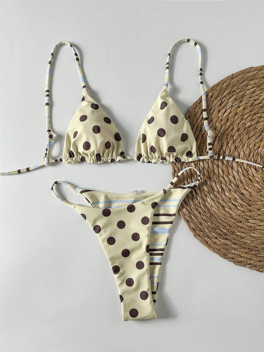 Women's Bikini Swimsuit, Striped & Polka Dot Reversible Casual Beach Outfit, Bohemian Style, Suit... | SHEIN