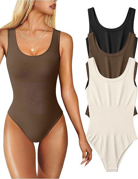 OQQ Women's 3 Piece Bodysuits Sexy Sleeveless Round Neck Shapewear Tank Tops Bodysuits | Amazon (US)