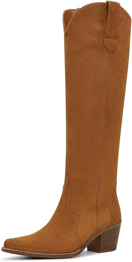 Women’s Cowgirl Knee High Boots Western Chunky Heel Boots Ladies Suede Closed Pointed Toe Booti... | Amazon (US)