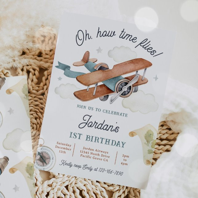 Vintage Airplane Time Flies Travel 1st Birthday Invitation | Zazzle | Zazzle