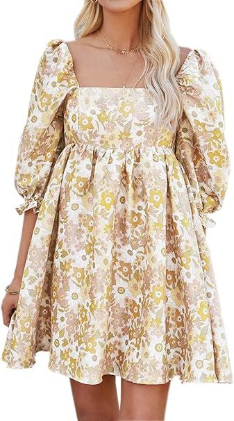 Womens Puff Sleeve Floral Print Dress Square Neckline A Line High Waist Ruched Summer Mini Dresse... | Amazon (US)
