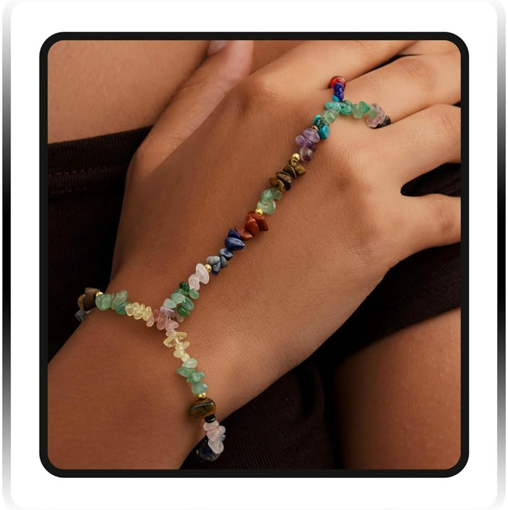 ELABEST Beaded Ring Hand Chain Bracelet Trendy Dainty Boho Handmade Women Elastic Finger Ring Bra... | Amazon (US)