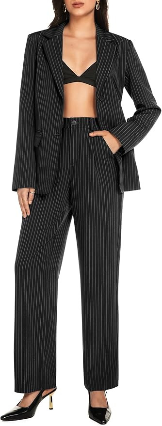 Casly Lamiit Women's 2 Piece Pant Suit Business Casual Outfits Striped Notched Collar Blazer Wide... | Amazon (US)