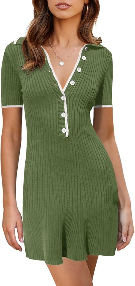 Saodimallsu Womens V Neck Short Sleeve Slim Fit Bodycon Sweater Dress Button Up Ribbed Knit Mini ... | Amazon (US)