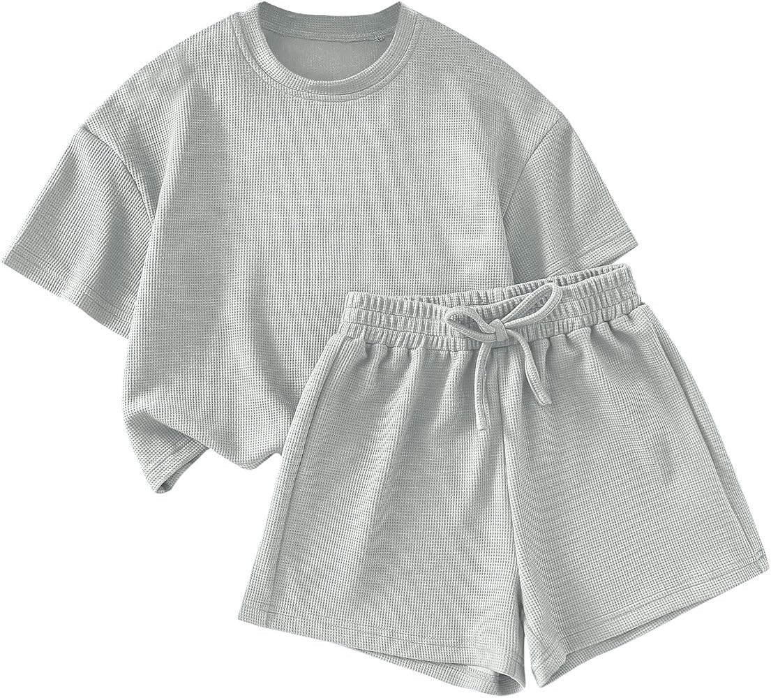 Girls 2 Piece Outfits Short Sleeve Waffle Knit T-Shirt and Shorts Active Outfit | Amazon (US)