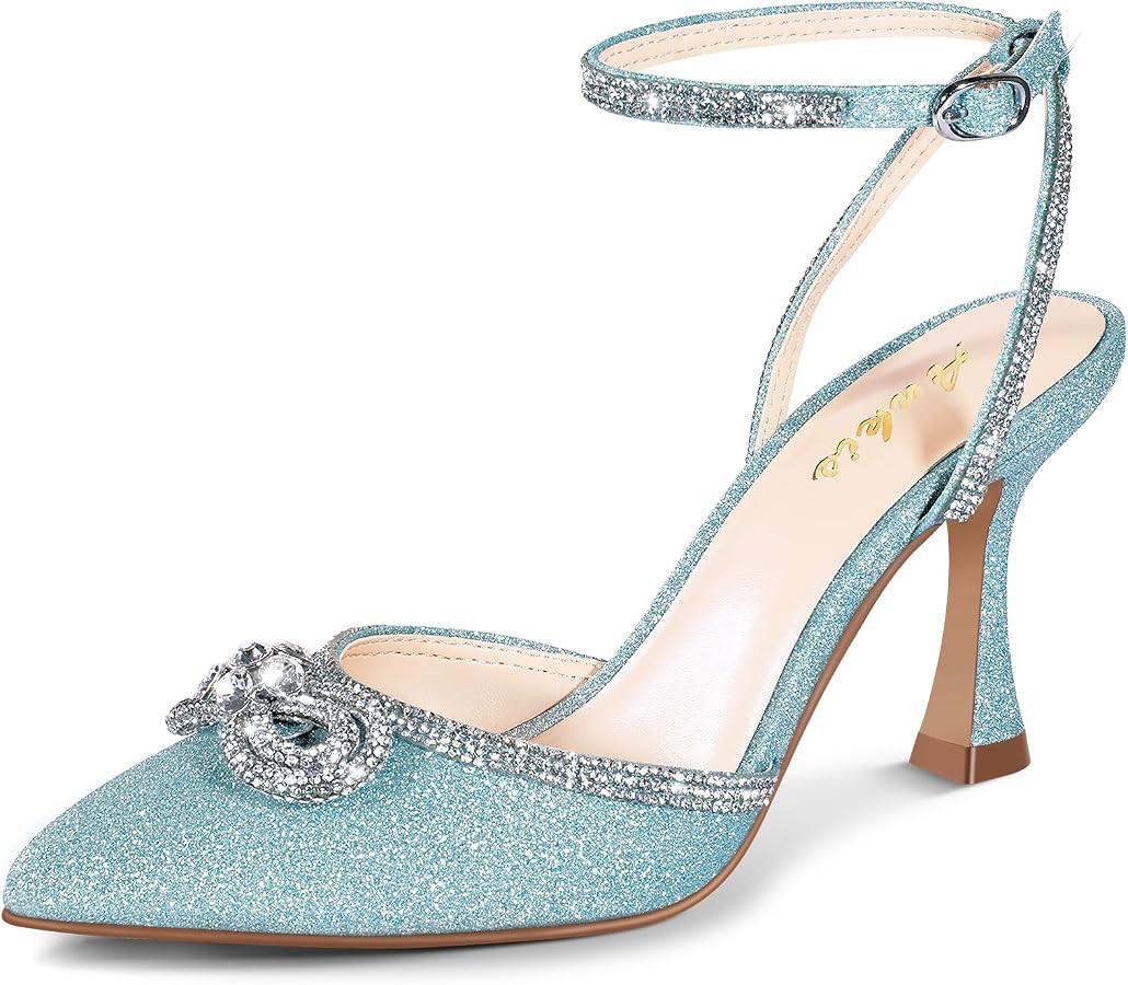 Ankis Women's Rhinestone Bow Heels Closed Toe Pumps Strappy Heels for Women | Amazon (US)