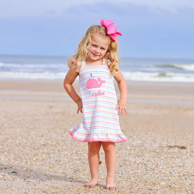 Ocean Whale Applique Pink Stripe Ashley Dress | Classic Whimsy