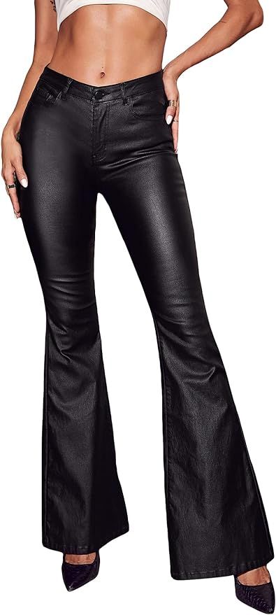WDIRARA Women's Slant Pocket Straight Leg High Stretch Jeans Leather Look Long Pants Black S at A... | Amazon (US)
