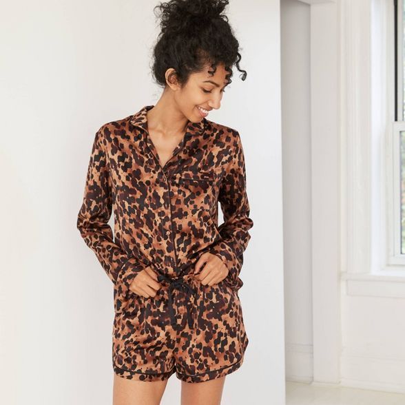 Women's Tortoise Print Short Sleeve Notch Collar Top and Shorts Pajama Set - Stars Above™ Brown | Target