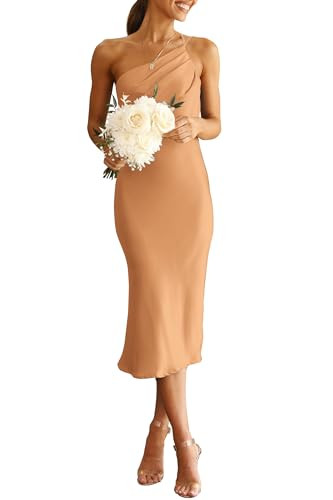 PRETTYGARDEN Women's Midi Satin Dress One Shoulder Spaghetti Strap Backless Ruched Summer Bodycon Dresses (Champagne,Medium) | Amazon (US)