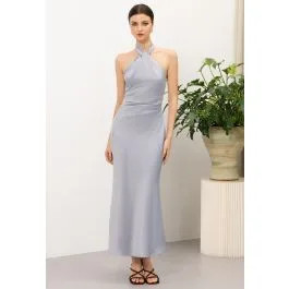 Open-Back Ruched Waist Halter Satin Maxi Dress in Ice Blue for Cocktail Parties & Evening Events | Chicwish