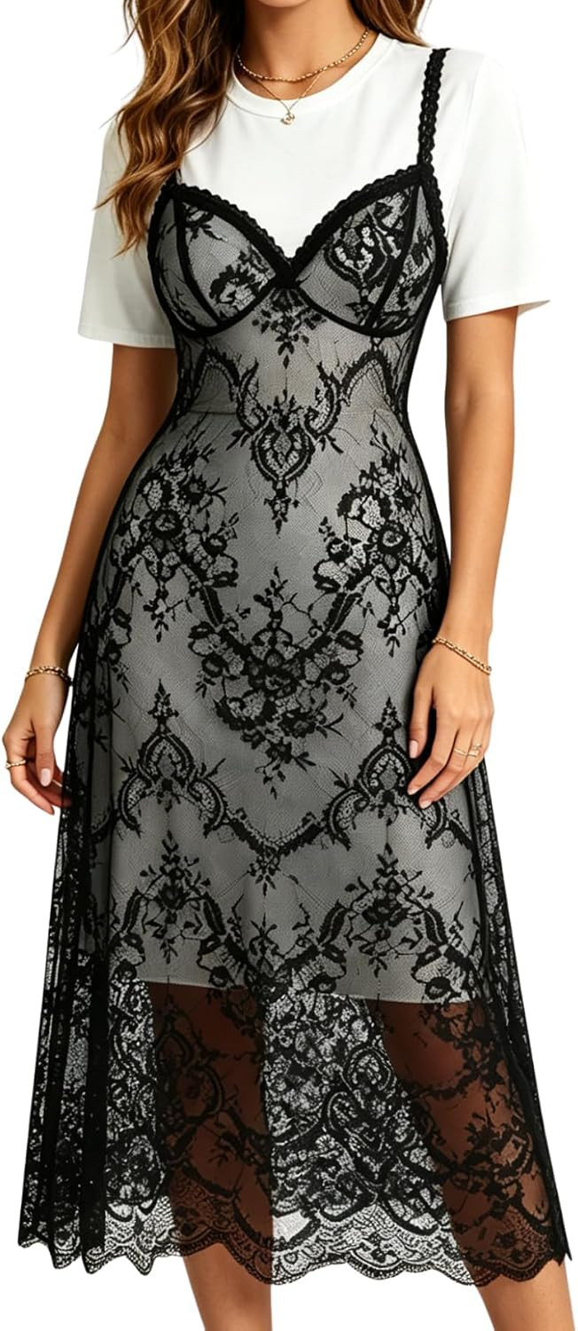 SOLY HUX Women's Summer Lace Patchwork Maxi T-Shirt Dress Going Out | Amazon (US)