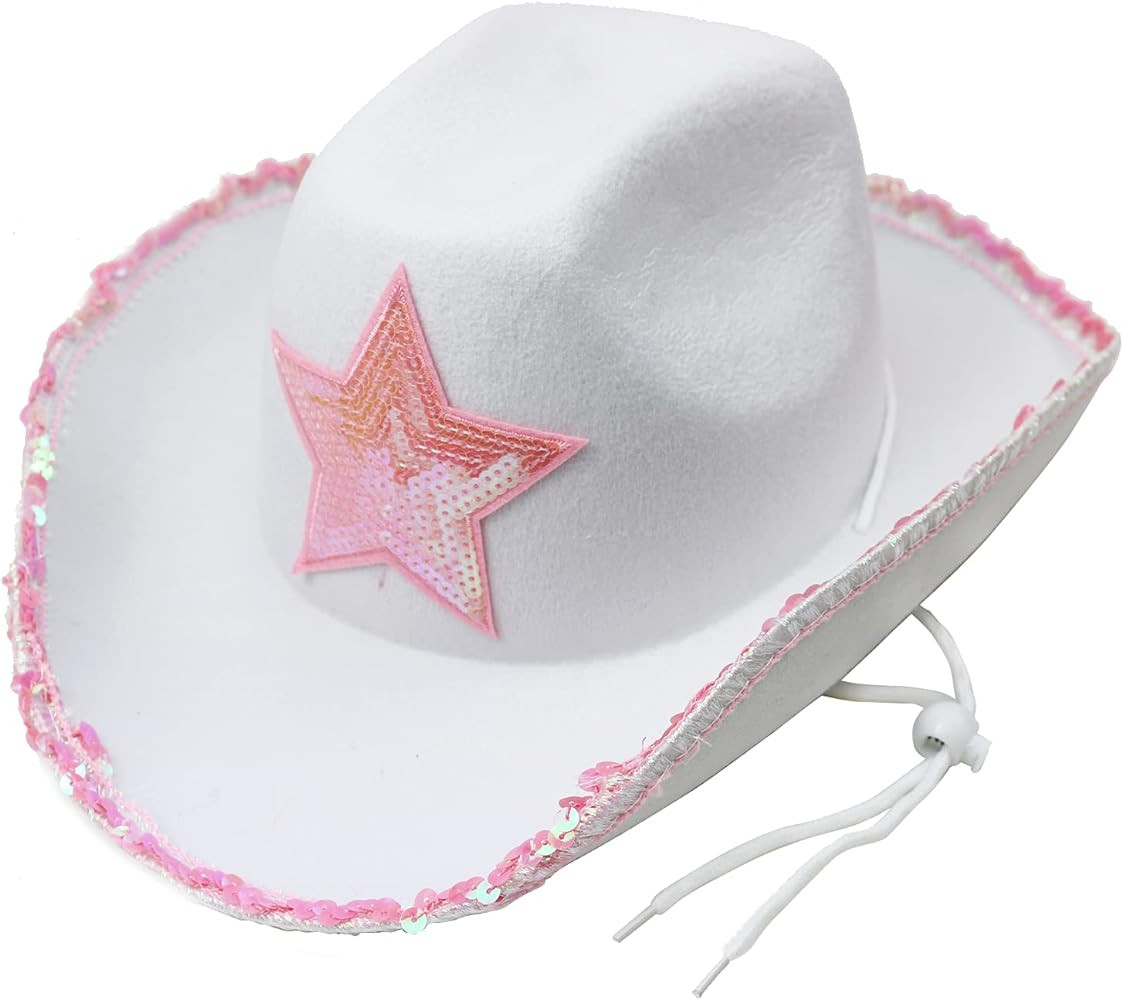 GiftExpress White Felt Cowgirl Hat with Pink Sequin Star, Country Themed Party Cowboy Dressup Pla... | Amazon (US)