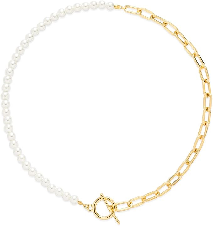 Paper Clip Pearl Necklace Gold Pearl Necklace for Women Men 14K Gold Plated Pearl Link Chain Neck... | Amazon (US)