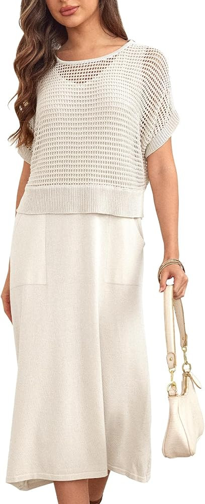Womens 2 Piece Outfits Knit Dresses Set Casual Suspender Dress and Short Sleeve Crochet Tops Sets... | Amazon (US)