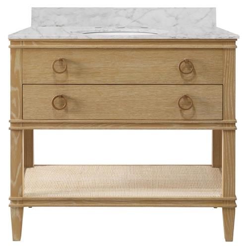 Worlds Away Cutler White Marble Cerused Oak Cane Shelving Bath Vanity Sink | Kathy Kuo Home