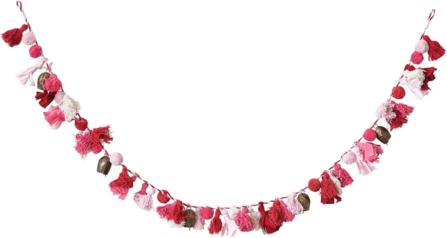 Creative Co-Op 72' L Handmade Recycled Cotton Tassel & Bell Garland, Pink, Red & Cream Color | Amazon (US)