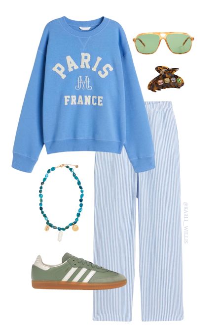Casual outfit inspo / cool girl style / graphic sweatshirt / H&M finds / green sneakers / vacation outfit / blue and white stripe pants / blue sweatshirt / adidas sambas 

#LTKshoecrush #LTKfindsunder50 #LTKfindsunder100