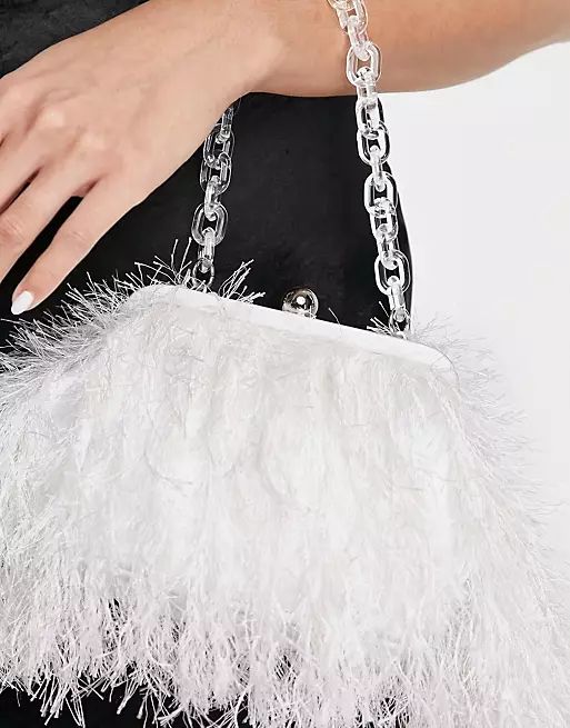 ASOS DESIGN faux feather clutch with resin handle in white  | ASOS | ASOS (Global)