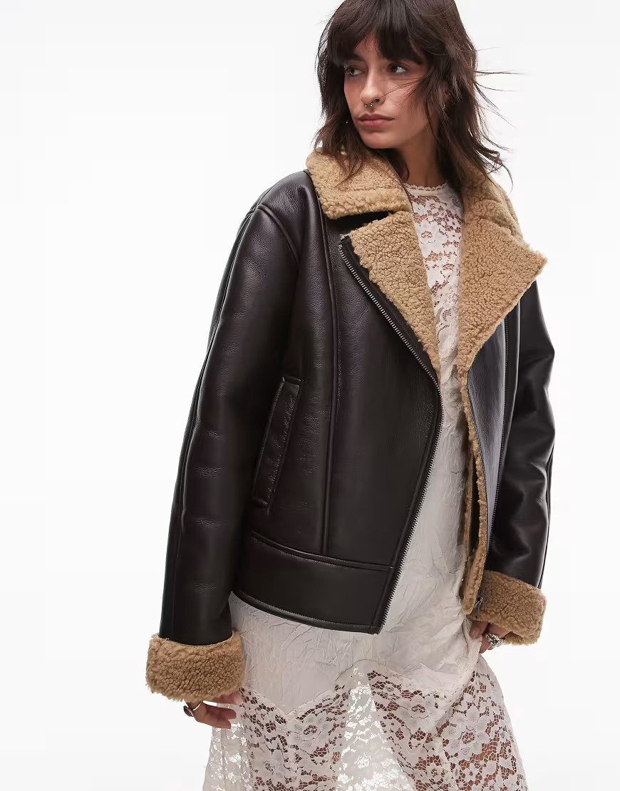 Topshop shearling aviator jacket in brown and stone | ASOS (Global)