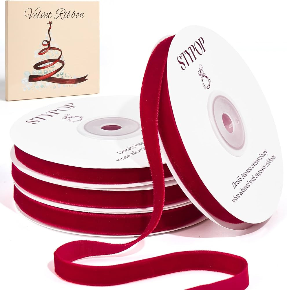 40 Yd Red Velvet Ribbon for Gift Wrapping 3/8" Thick Red Velvet Ribbon for Christmas Tree and Wre... | Amazon (US)