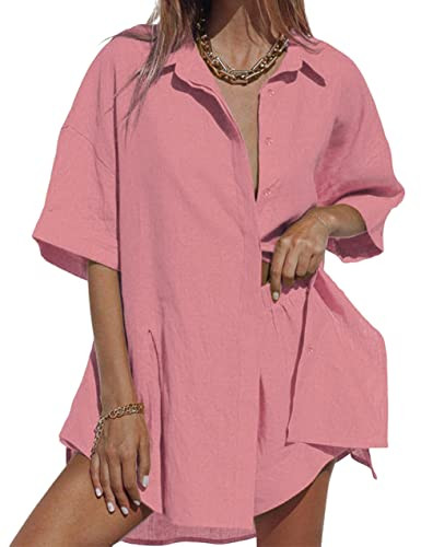 Women's 2 Piece Outfits Summer Casual Tracksuit Button Down Short Sleeve Side Slit Shirt Short Se... | Amazon (US)