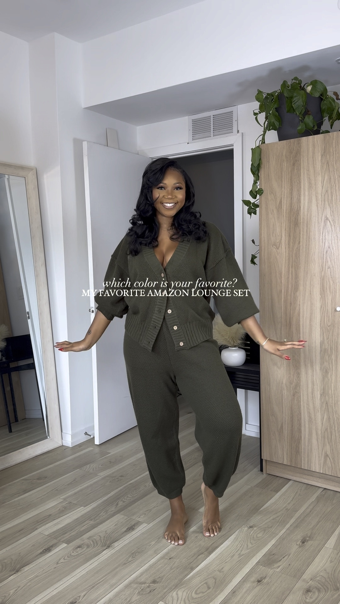 My favorite lounge wear set!!! Perfect and cozy. Going to purchase more colors! 😍 + linked the perfect bra for the cardigan! 

5’9 | 200 lbs 
Medium in green 
Large in brown 

#LTKfindsunder50 #LTKstyletip #LTKHoliday