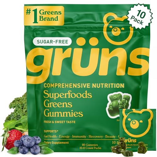 Gruns Sugar-Free Super Greens Gummies, Multivitamin Superfood Gummy Bears, Spirulina, Chlorella, Prebiotics & Fiber gummies for Digestive Health, Adaptogens Supplement, 20 Vitamins & Minerals, 10 pack | Amazon (US)