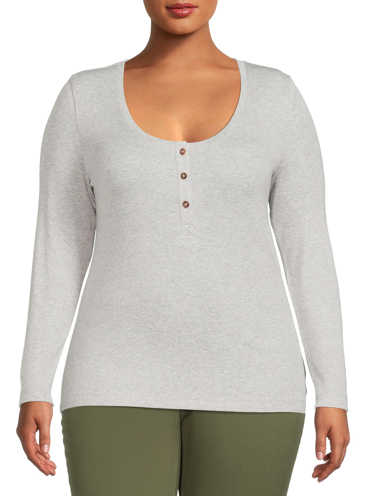 Terra & Sky Women's Plus Size Ribbed Henley with Long Sleeves | Walmart (US)