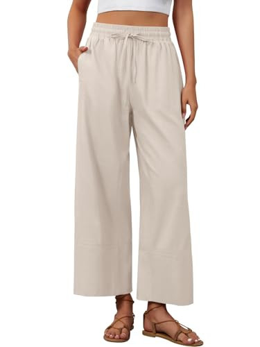 grewley Womens Linen Pants for Women Trendy Boho Pants Casual Palazzo Pants Wide Leg Long Trousers with Pockets Khaki L | Amazon (US)