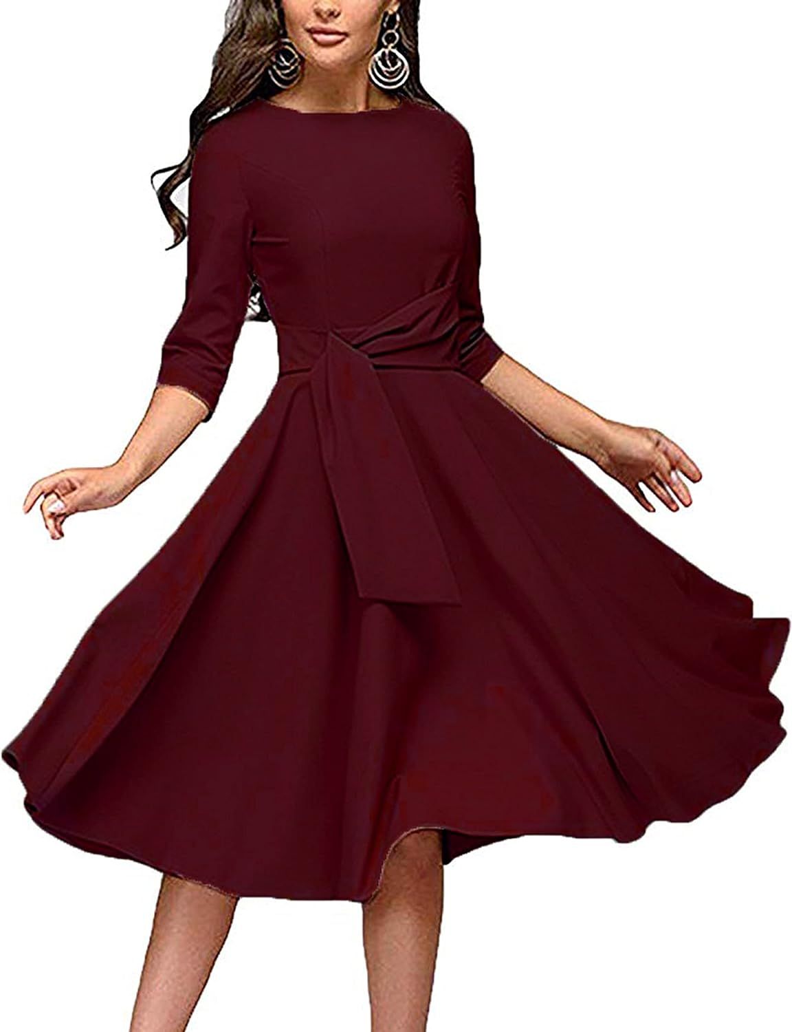 FENJAR Womens Elegance Audrey Hepburn Style Ruched 3/4 Sleeve Midi A-line Dress at Amazon Women... | Amazon (US)