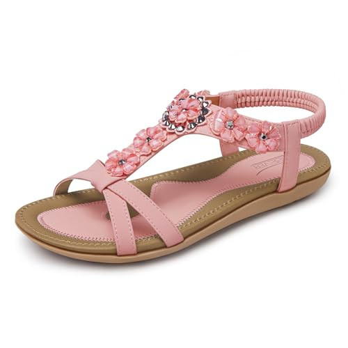 SHIBEVER Flat Sandals for Women Dressy: Pink Summer Casual Dress Sandals- Comfortable Walking Ankle Strap Flats Womens Sandal Size 10.5 | Amazon (US)